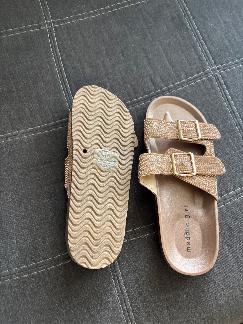 Madden women’s Glitter Double Buckle Slide Sandals in Rose Gold